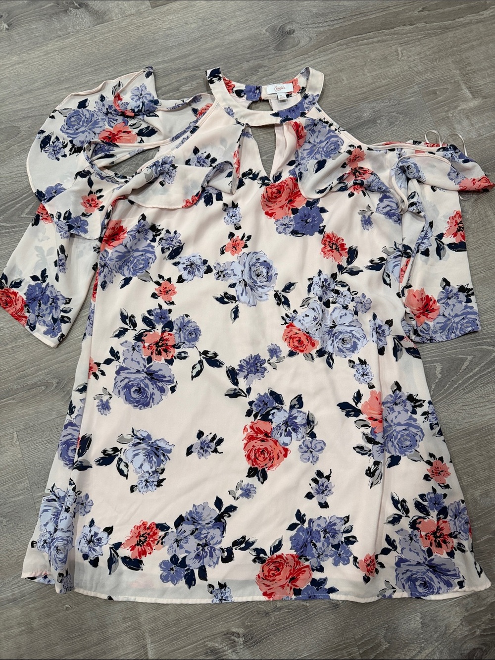 Candie’s Floral Cold-Shoulder Dress Top in baby pink with Blue & Coral Roses